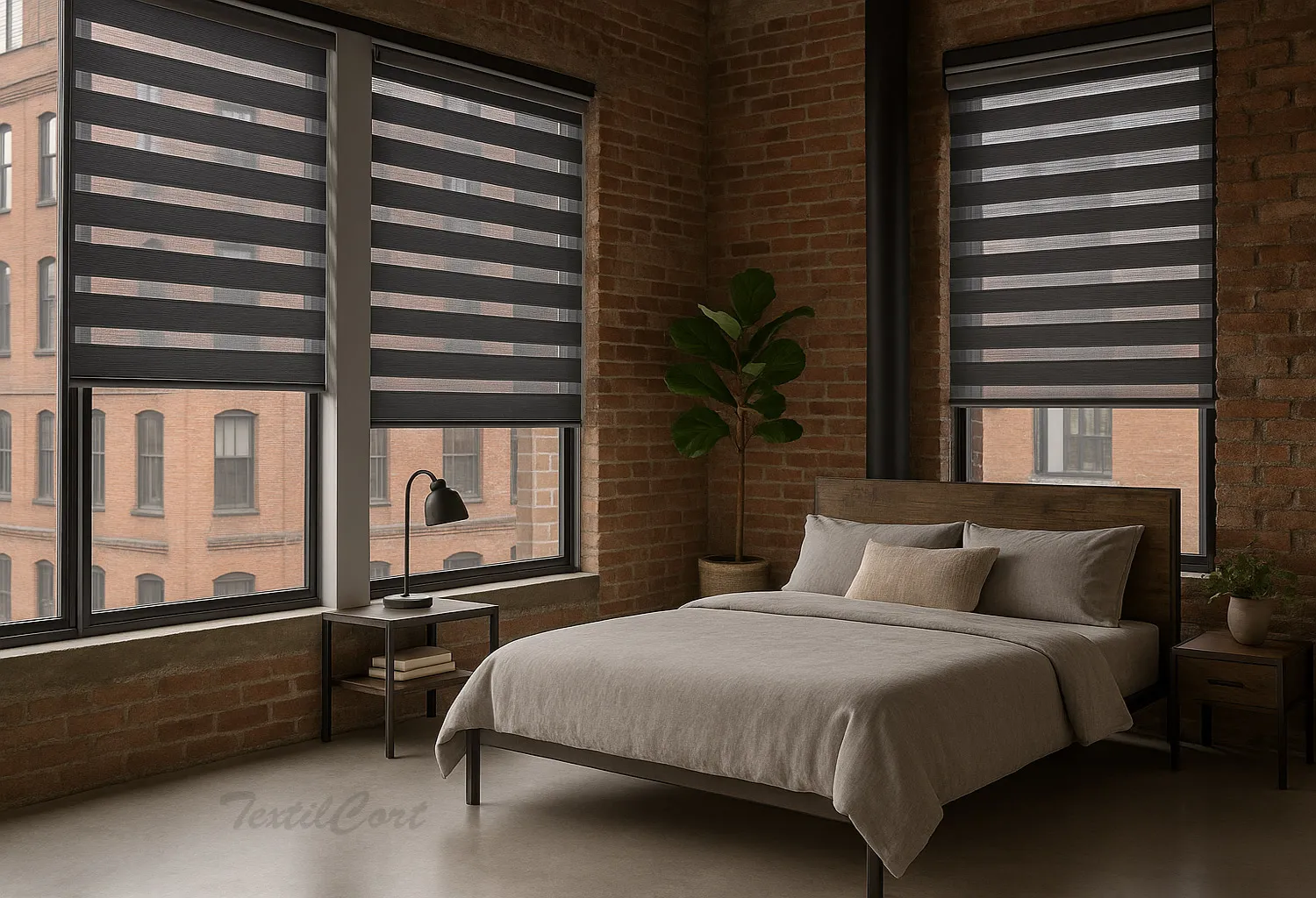 Dormitorio industrial con estores Noche y Día gris antracita