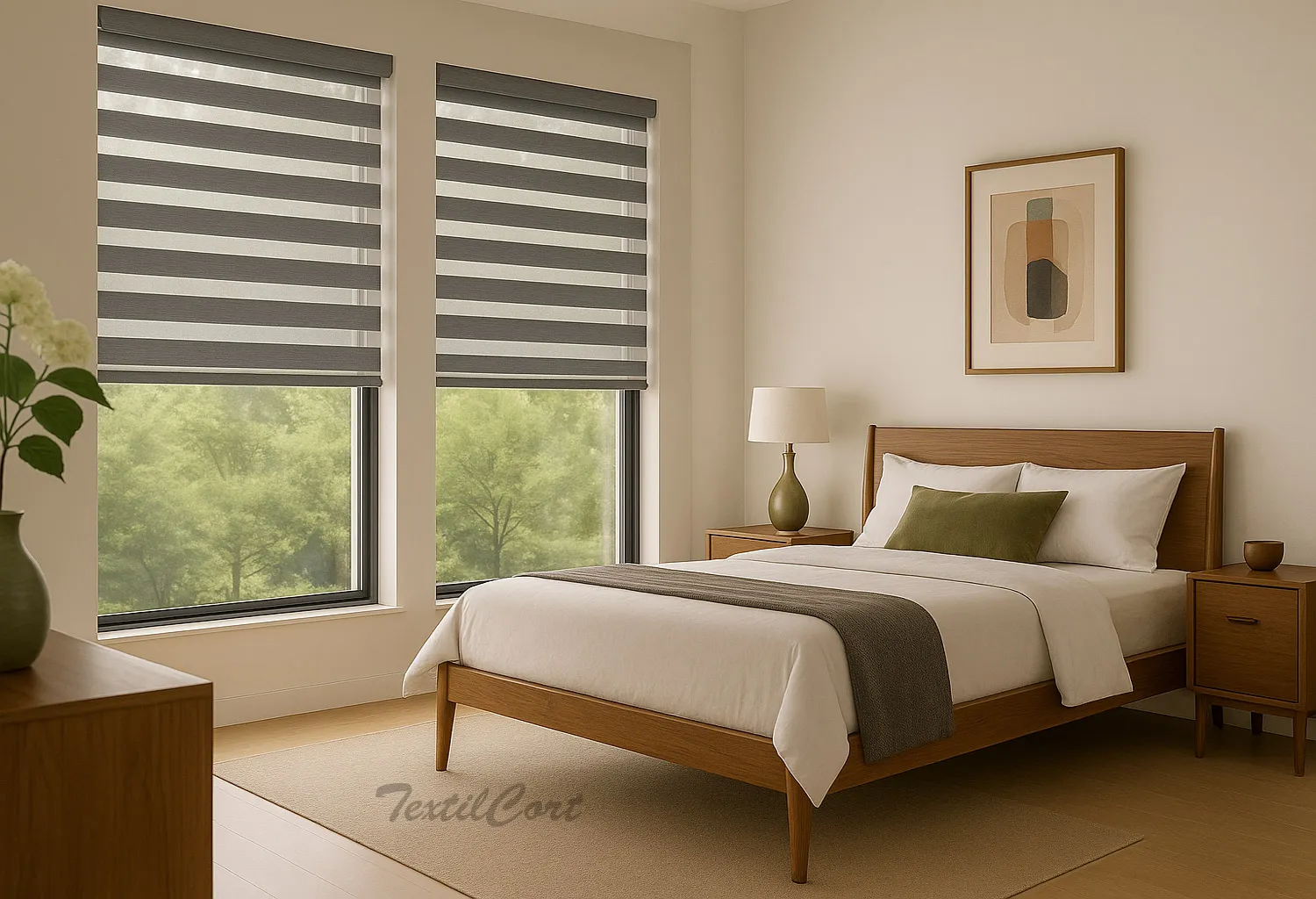 Dormitorio estilo Mid-Century con estores Noche y Día naturales