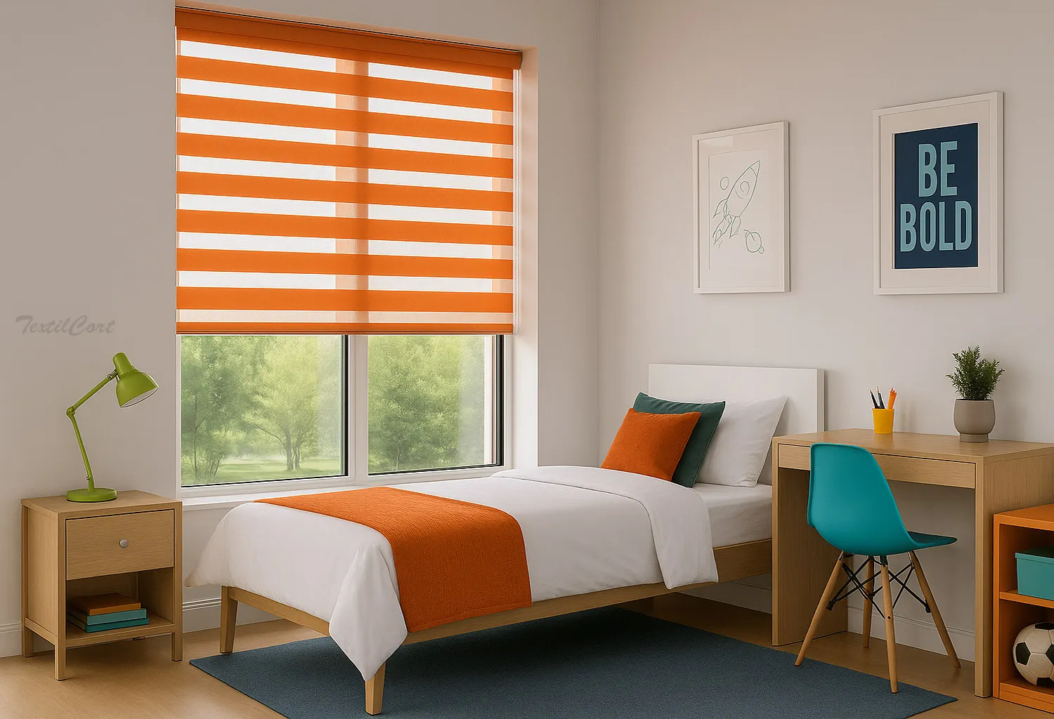 Dormitorio juvenil con estor Noche y Día en color naranja