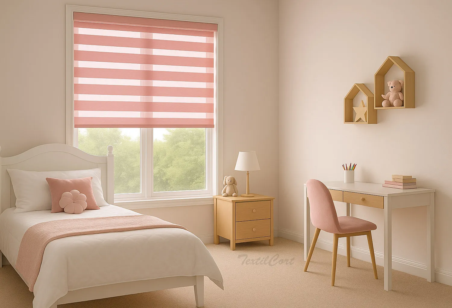 Dormitorio infantil con estor Noche y Día en rosa