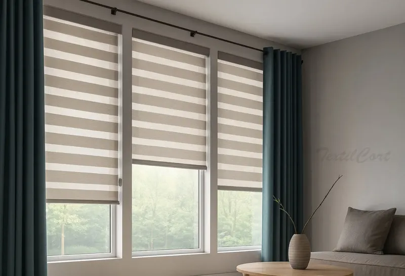 Estores Noche y Día beige en salón moderno con cortinas