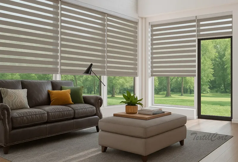 Estores Noche y Día color bison en salón con sofá marrón