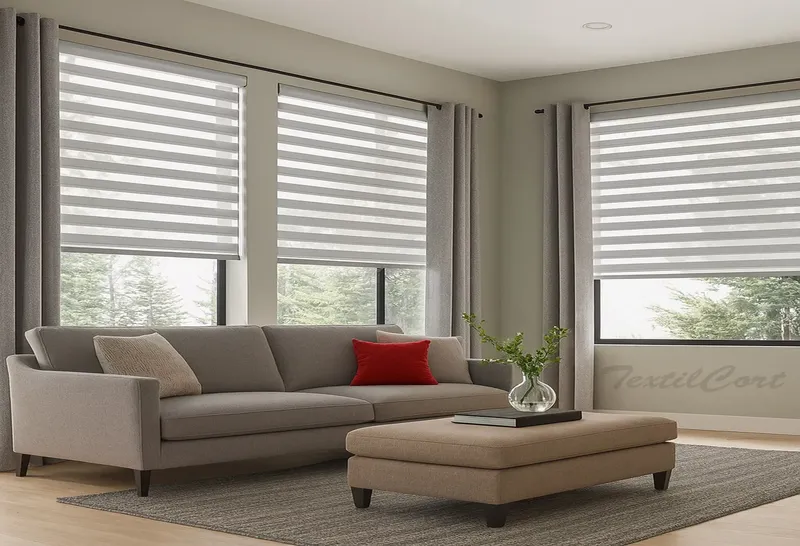 Estores Noche y Día grises con cortinas a juego en salón moderno