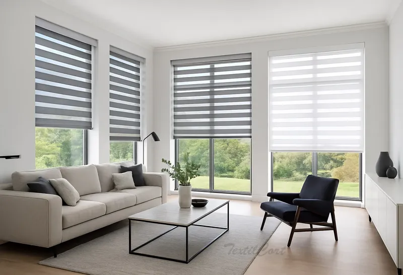 Estores Noche y Día en gris y blanco para salón minimalista