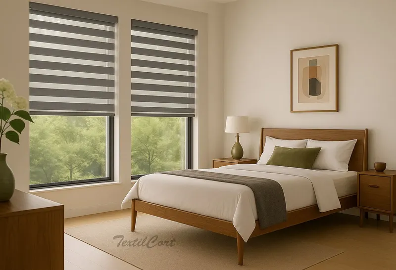 Dormitorio estilo Mid-Century con estores Noche y Día naturales