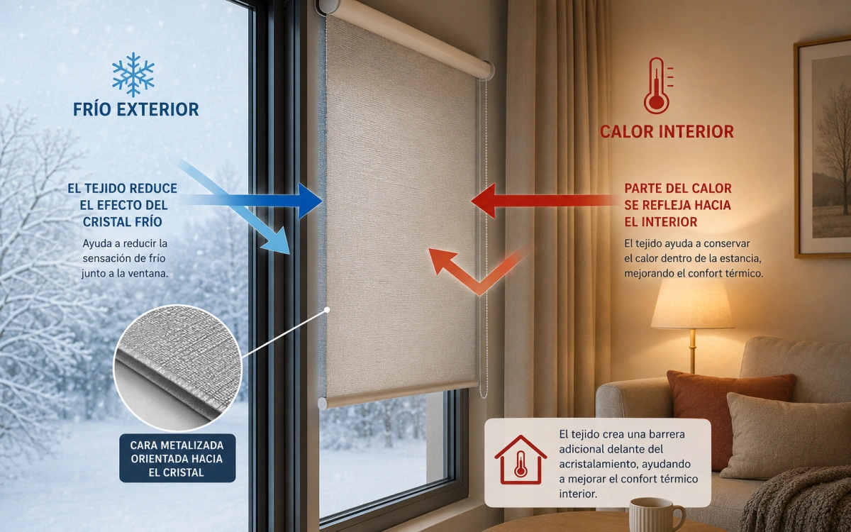 Control térmico en invierno con estor enrollable Panama Chrome+ de Mermet