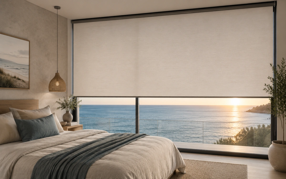 Estor enrollable Panama Chrome+ de Mermet en dormitorio con gran ventanal al mar