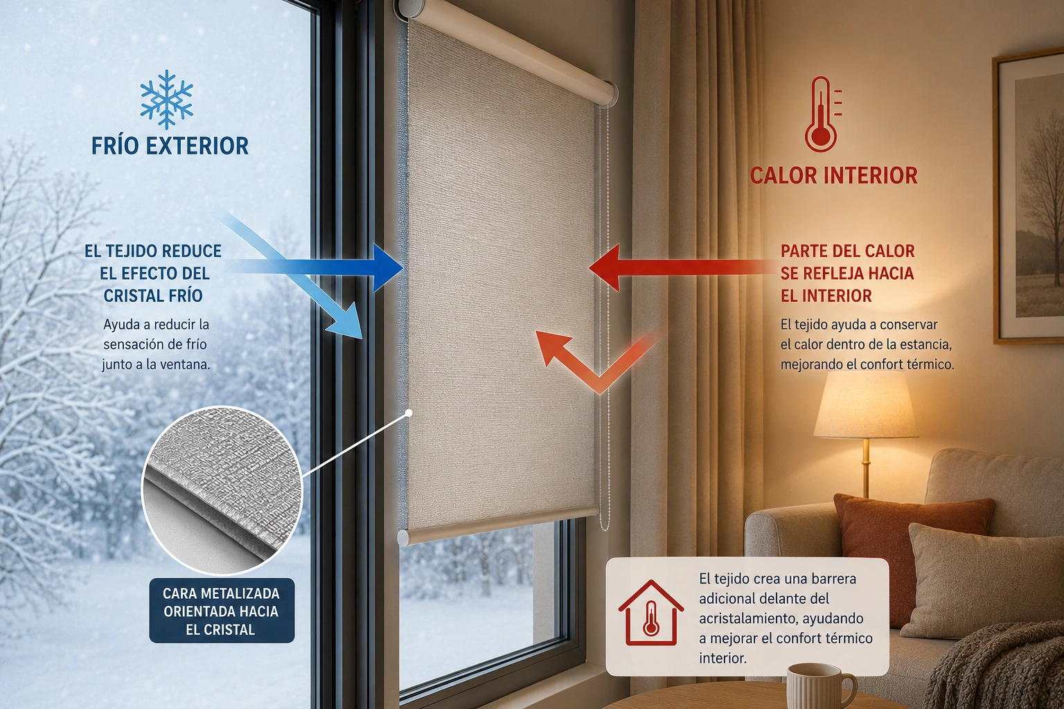 Control térmico en invierno con estor enrollable Panama Chrome+ de Mermet