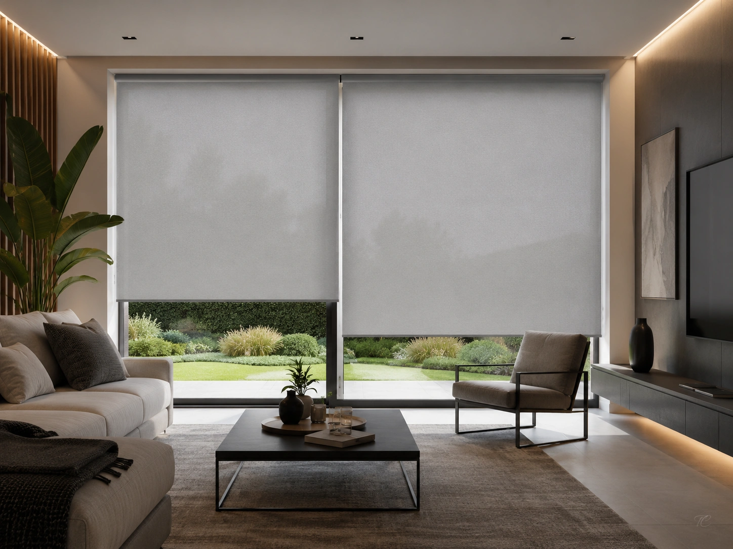 Estores enrollables Panama Chrome+ de Mermet en gran ventanal de salón moderno