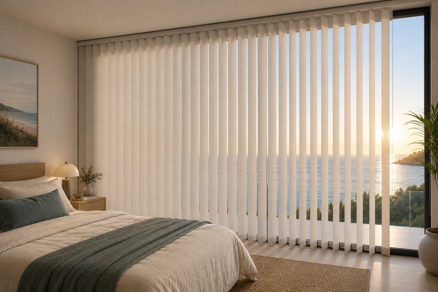 Cortina vertical Panama Chrome+ de Mermet en dormitorio con gran ventanal al mar