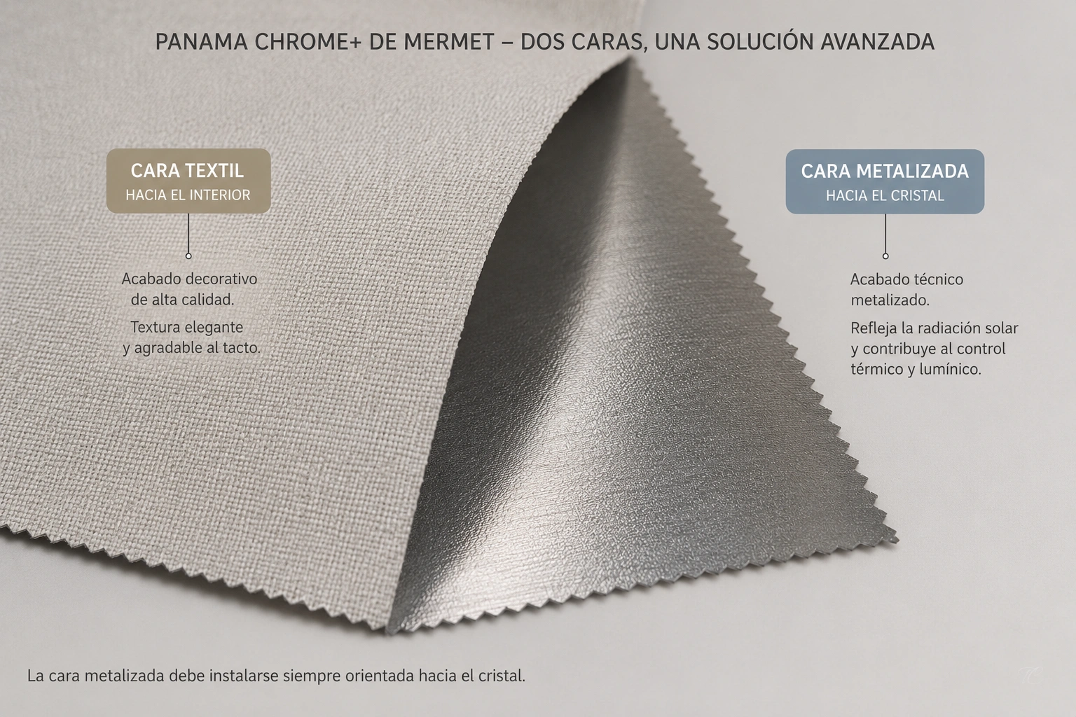 Cara textil y cara metalizada del tejido Panama Chrome+ de Mermet