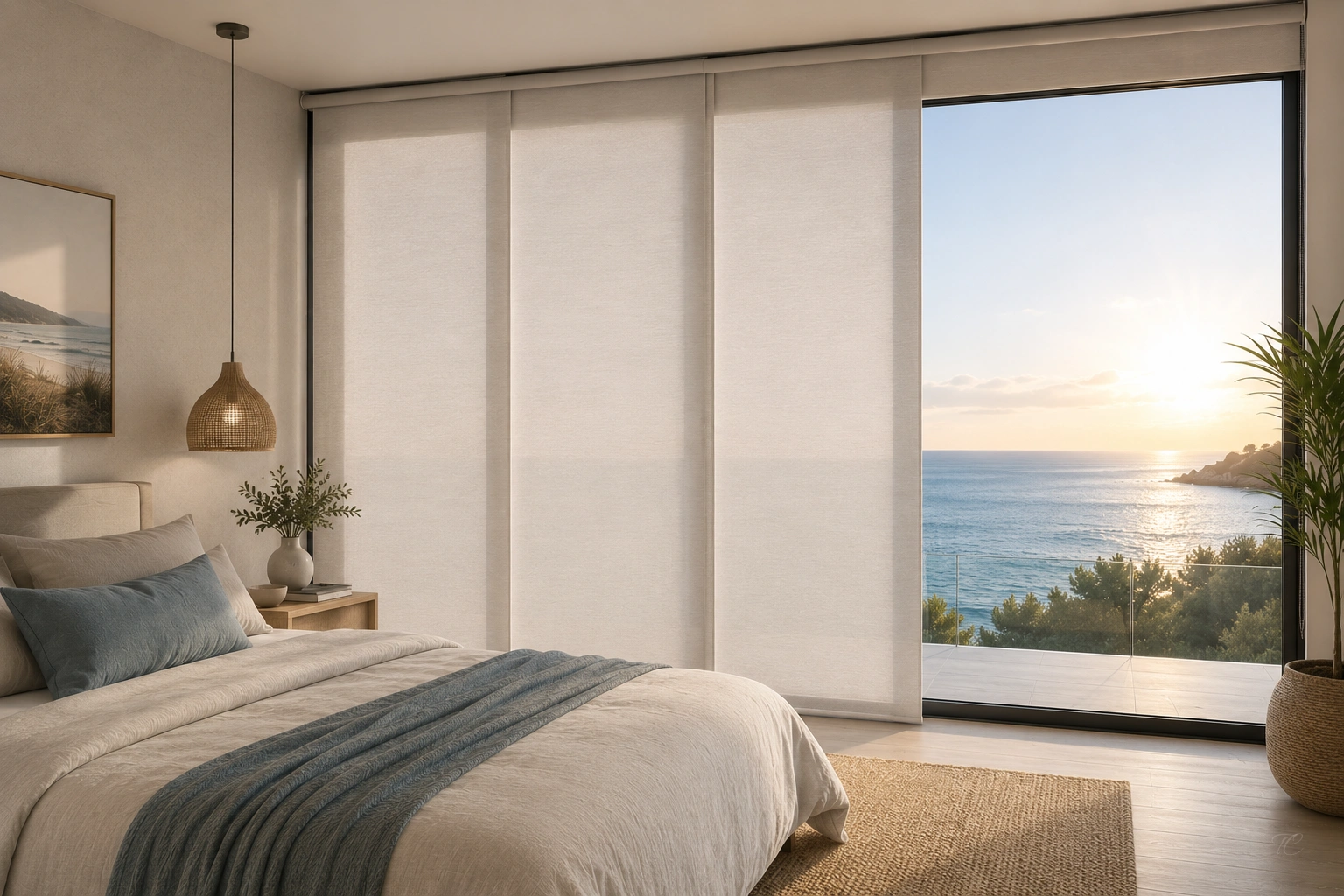Panel japonés Panama Chrome+ de Mermet en dormitorio con gran ventanal al mar