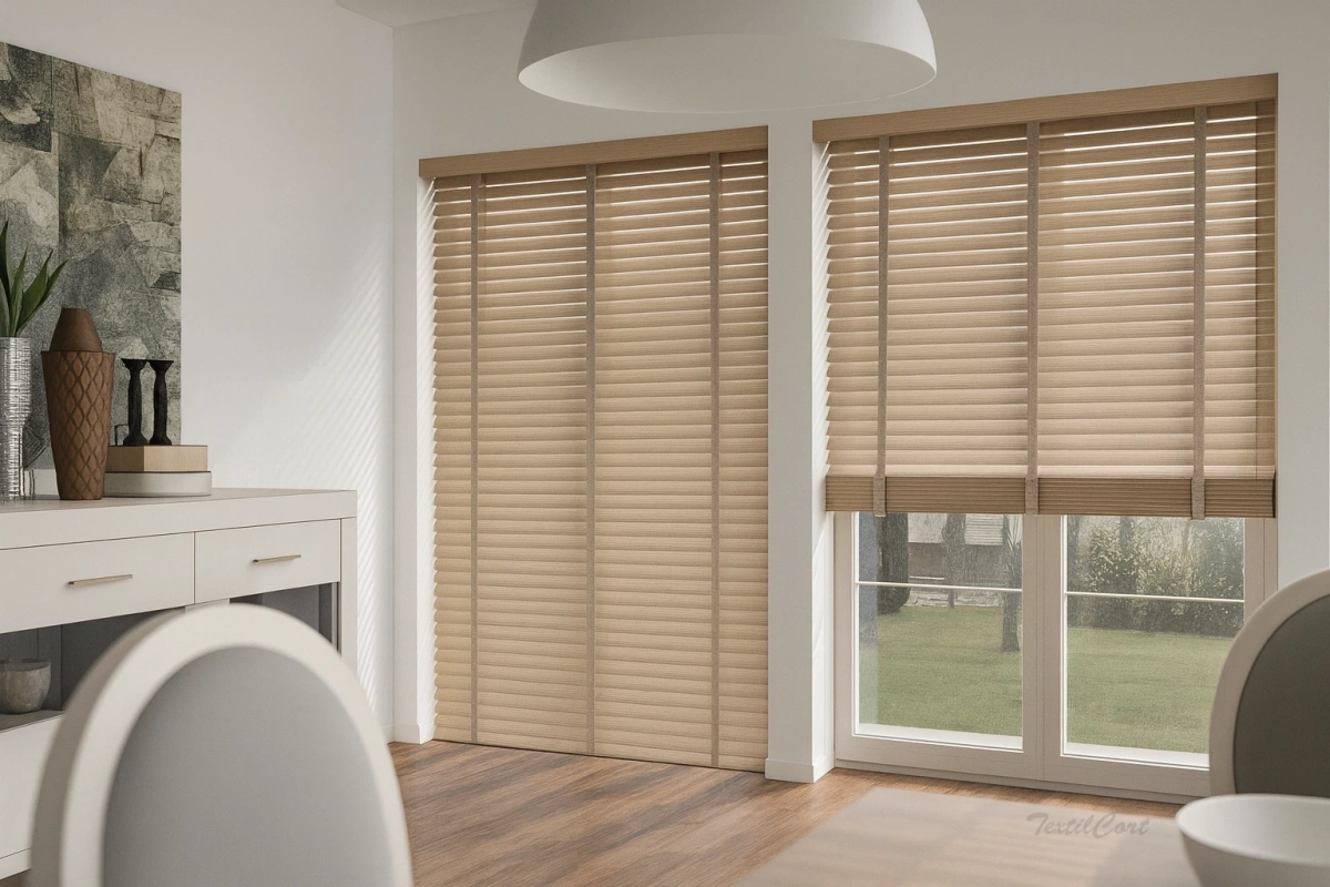Venecianas de madera en salón moderno rústico
