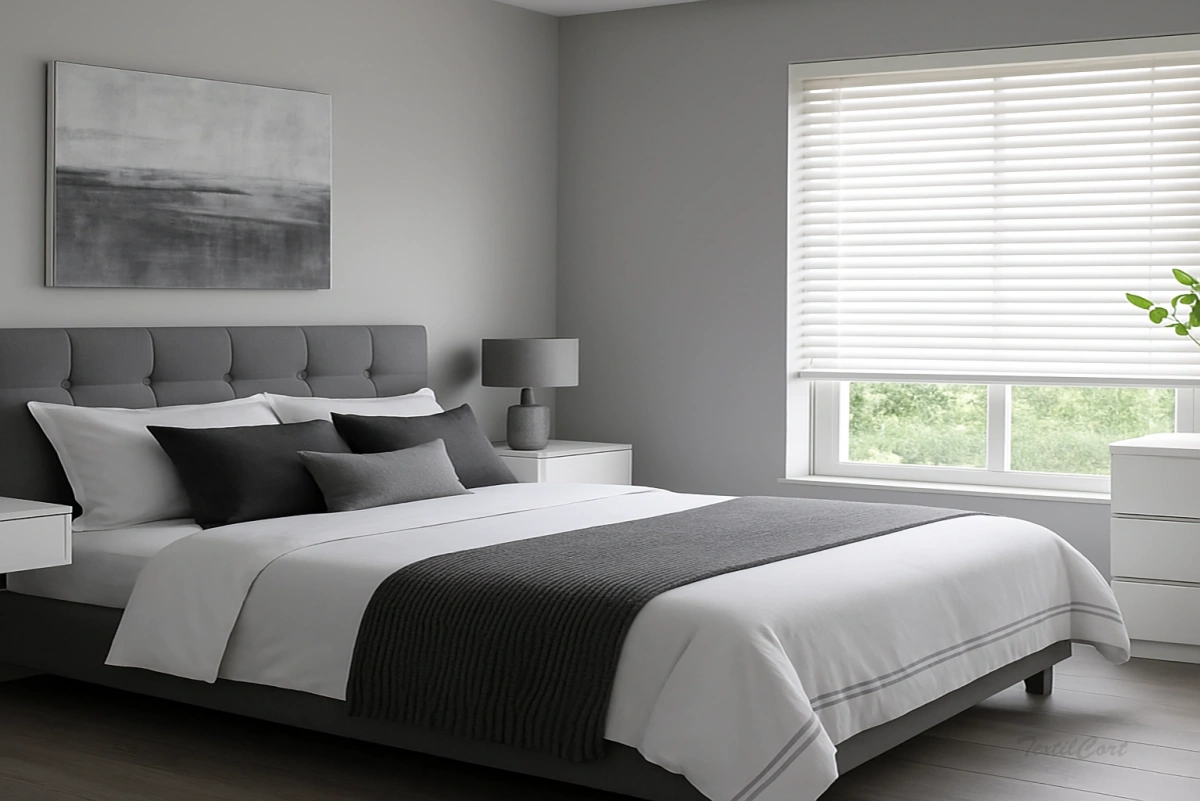 Veneciana de madera ambiente dormitorio principal neutro