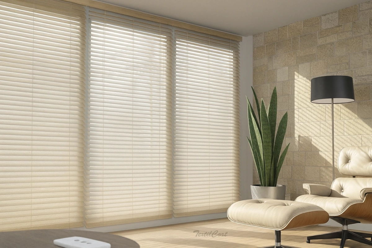 Venecianas de madera en salón moderno natural