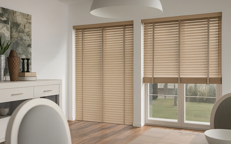 Venecianas de madera en salón moderno rustico