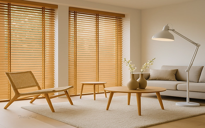 Venecianas de madera pino en salón moderno nordico