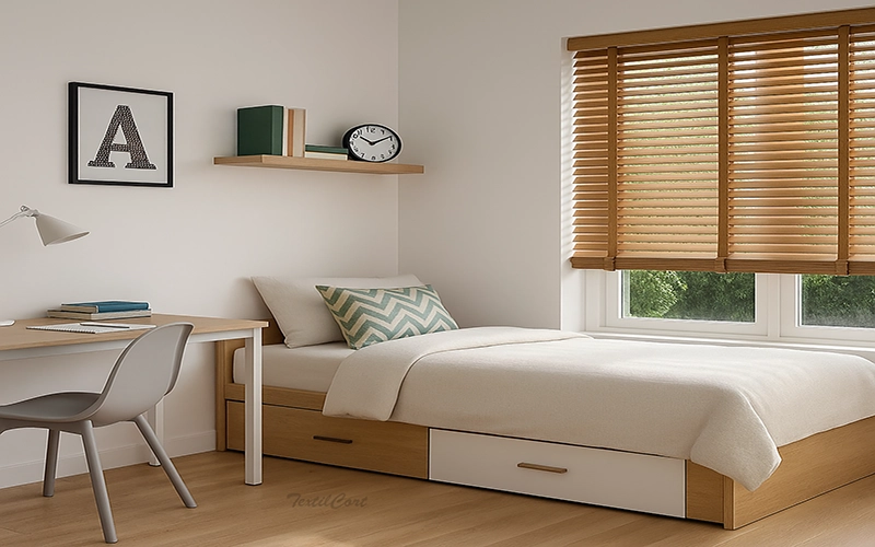 Veneciana de madera ambiente dormitorio juvenil moderno
