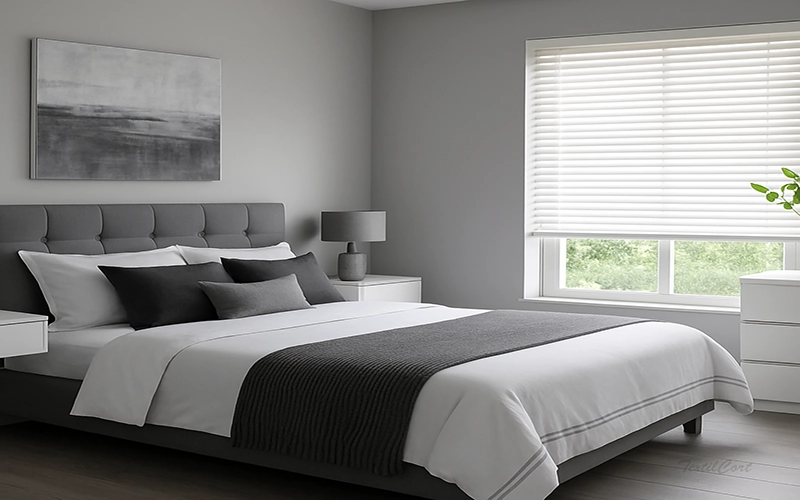 Veneciana de madera ambiente dormitorio principal neutro