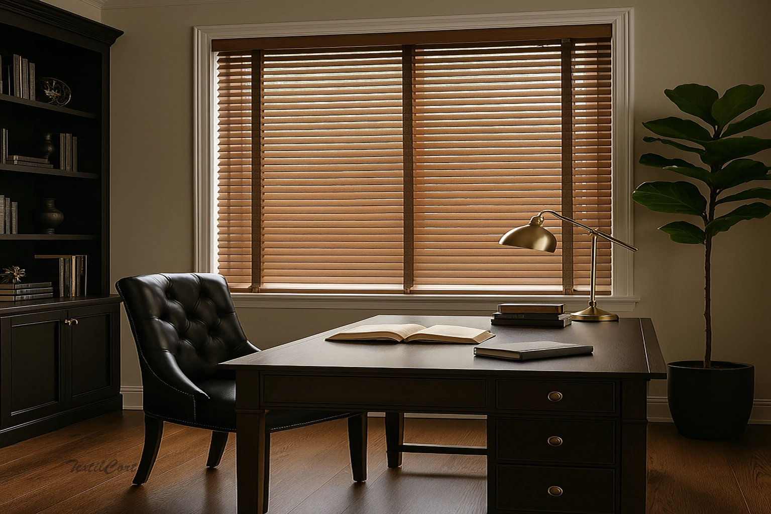 Veneciana de madera en despacho elegante