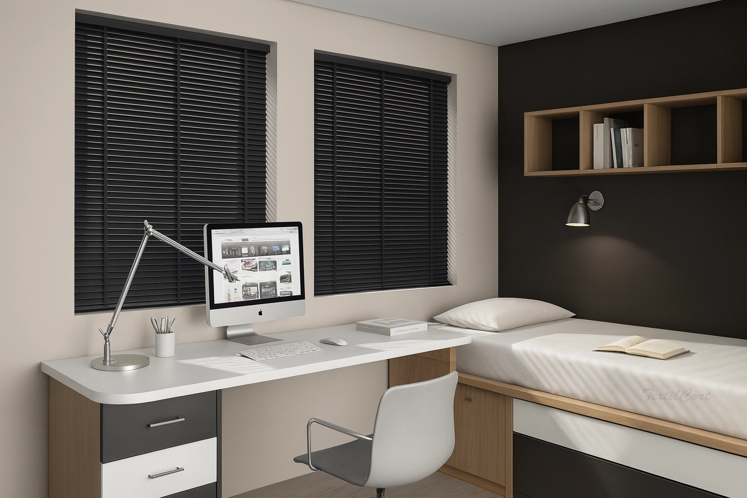 Veneciana de madera antracita en dormitorio juvenil