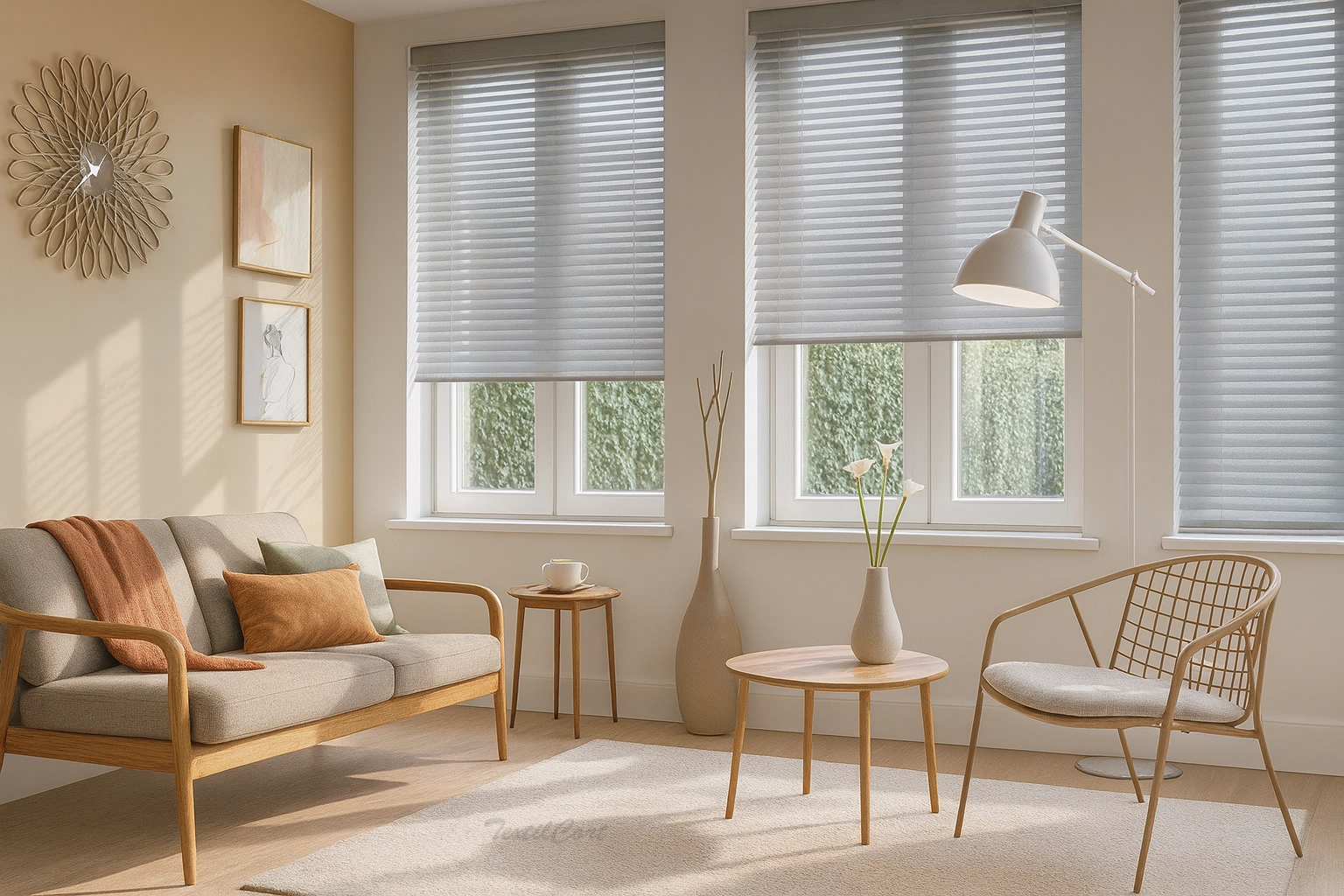 Veneciana de madera en salón nórdico