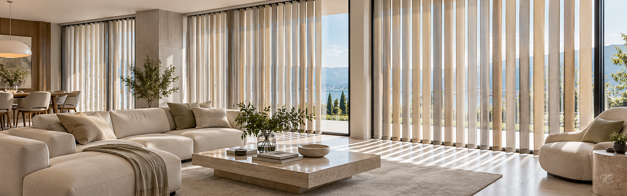 Salón contemporáneo con cortinas verticales de lamas