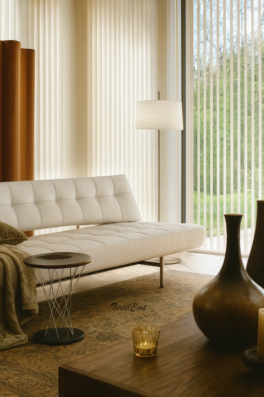 Cortina vertical 32 natural en salon contemporaneo