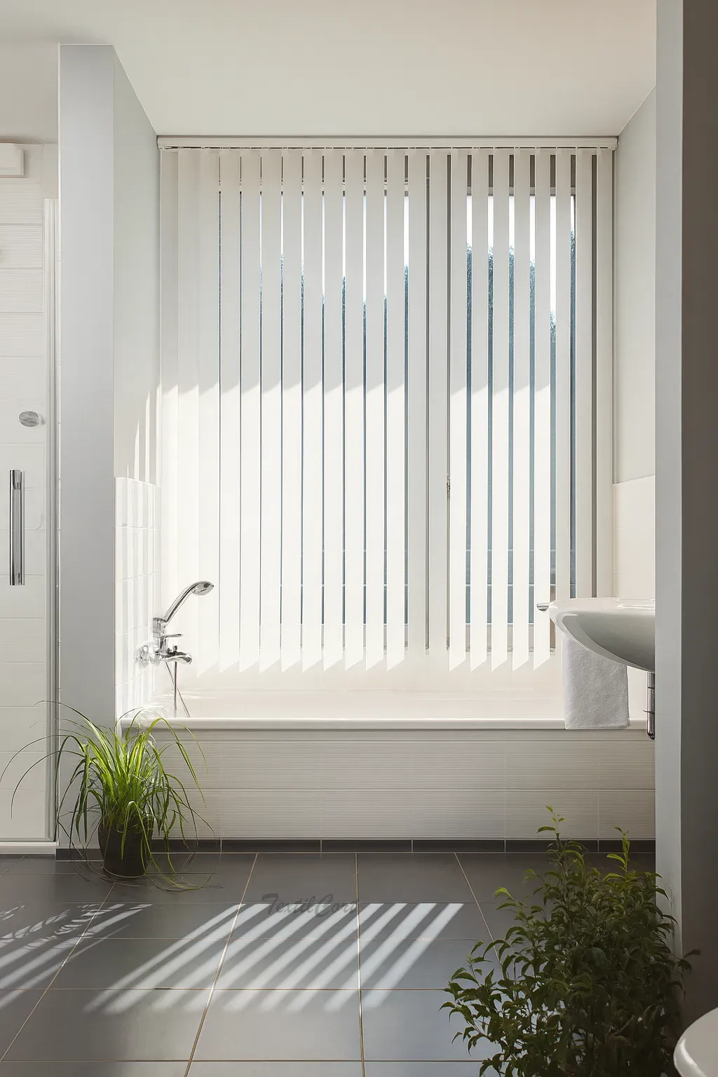 Cortina vertical 33 natural en salon cuarto de bano