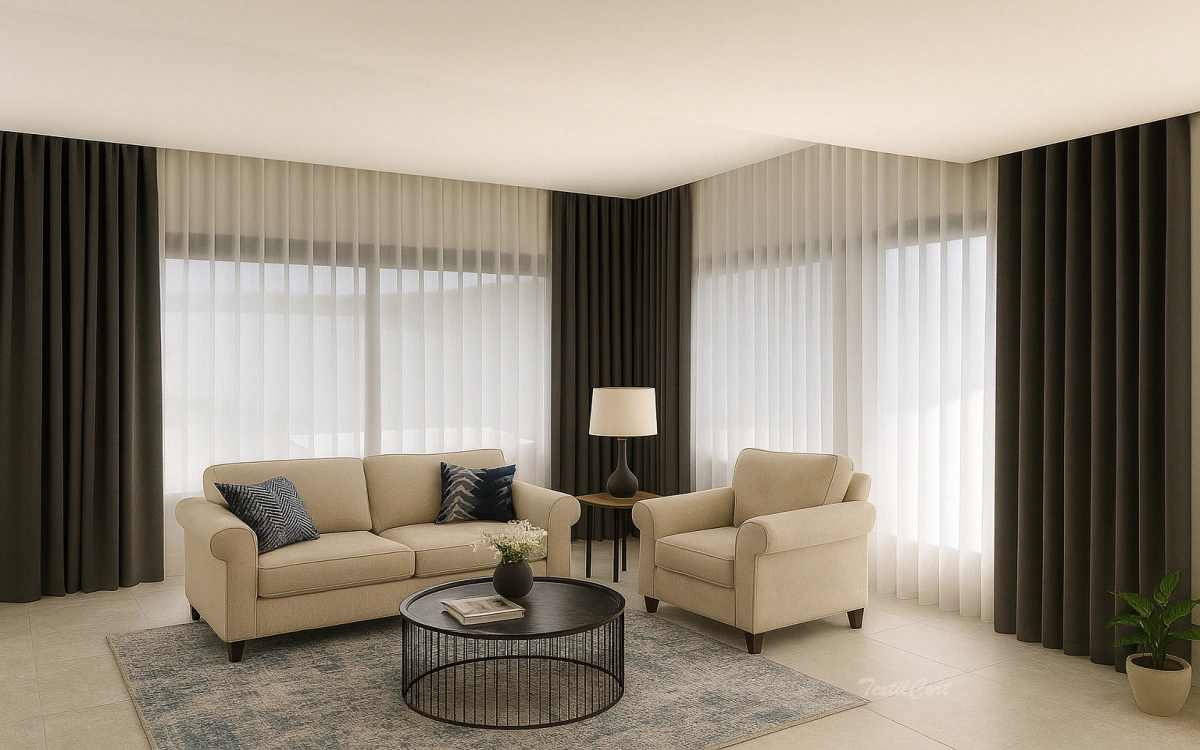OPCIÓN 2: Salón con cortina doble (visillo + cortina tupida)