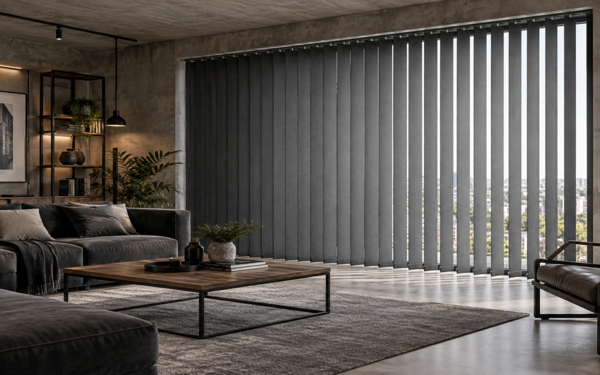 Cortinas verticales de lamas en salón industrial moderno