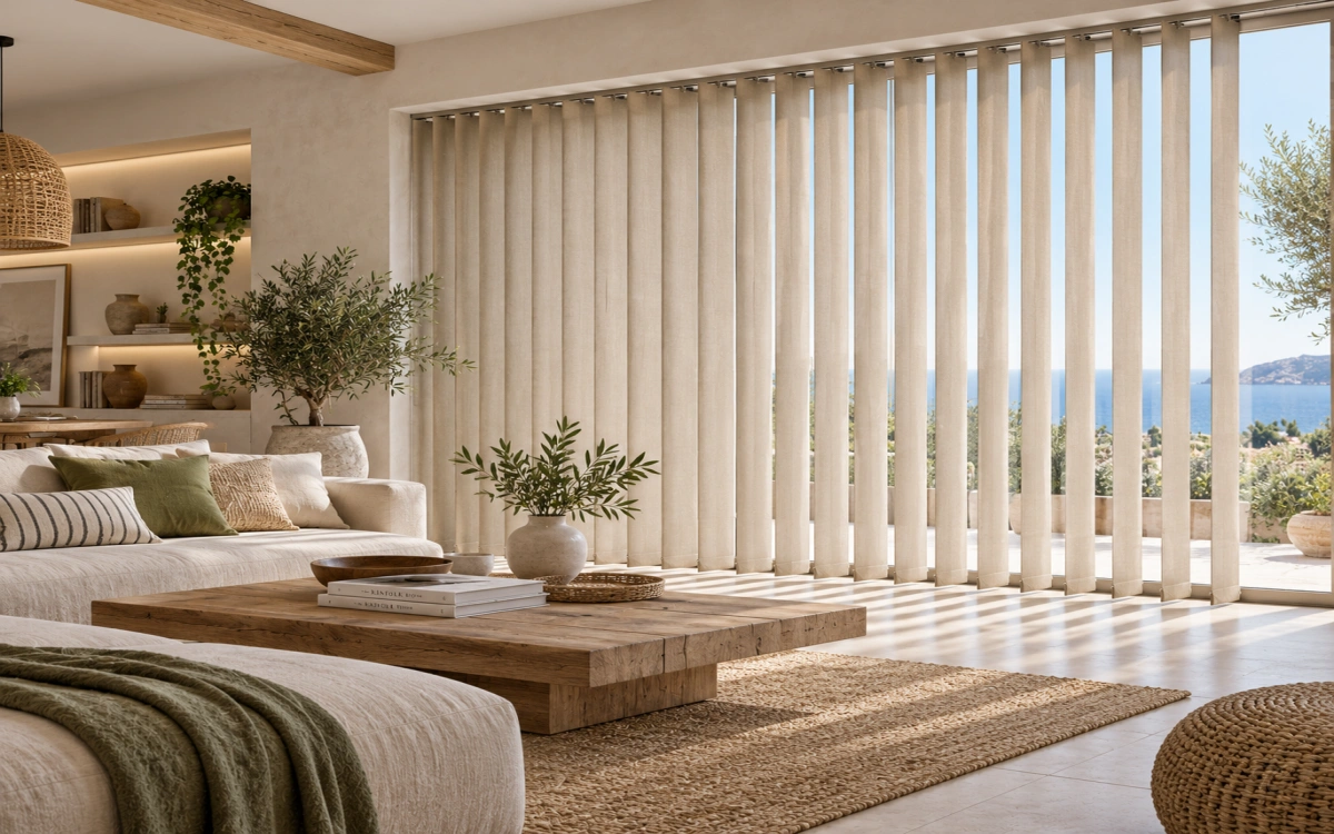 Cortinas verticales de lamas en salón mediterráneo contemporáneo