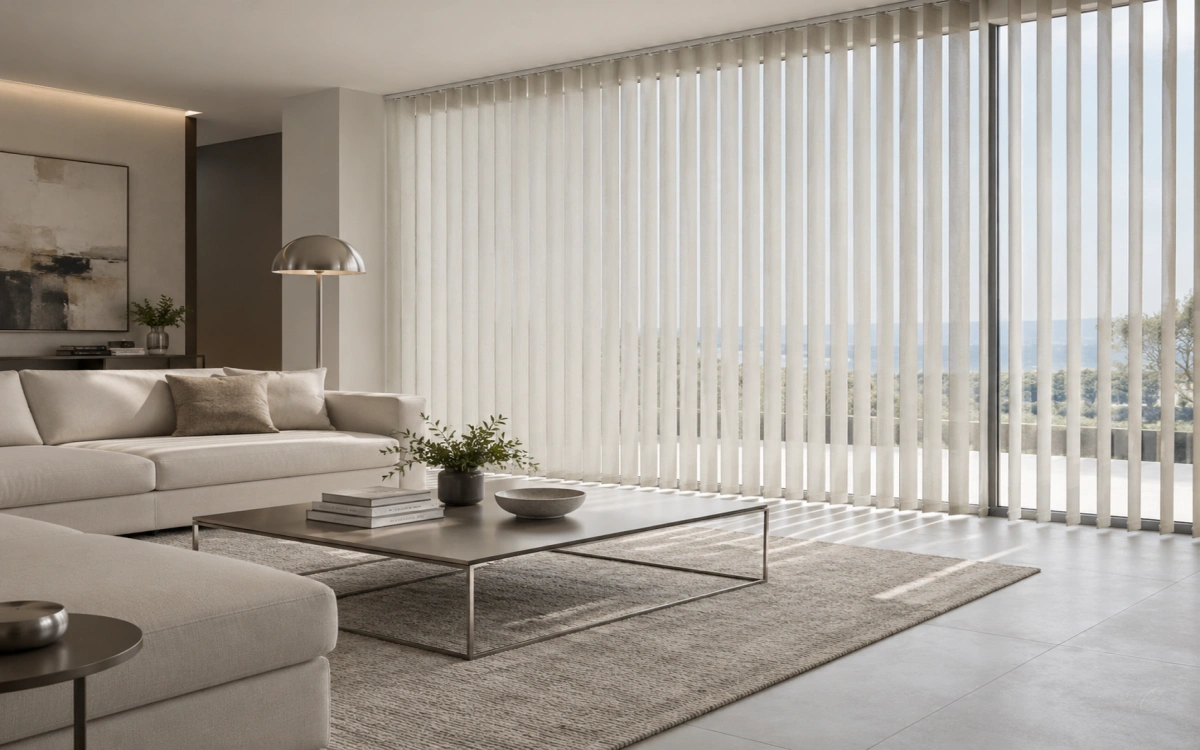 Cortinas verticales blancas en salón minimalista moderno