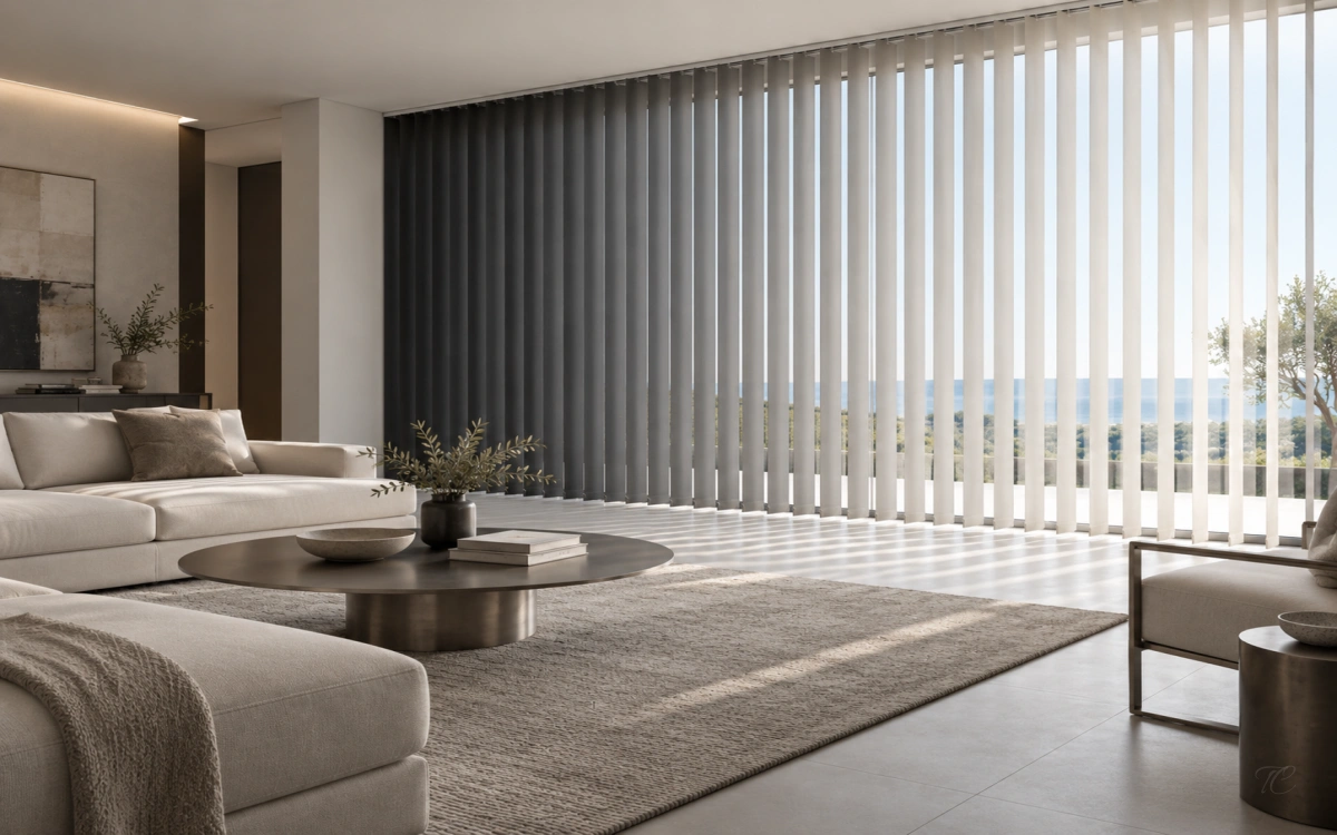 Cortinas verticales en degradado de gris antracita a blanco en salón moderno