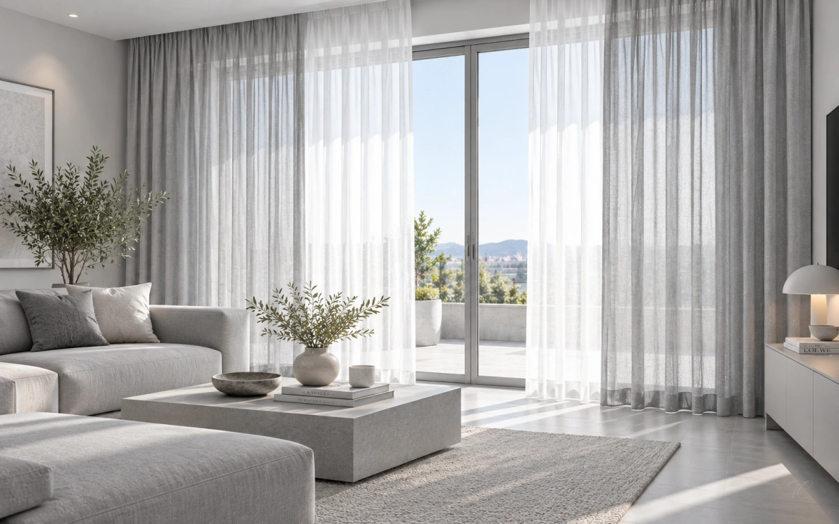 Salón con combinación de dos visillos translúcidos, ejemplo 9