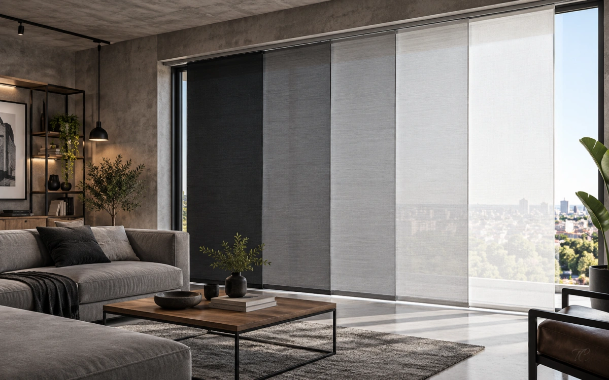 Panel japonés en degradado de negro, gris y blanco en salón industrial