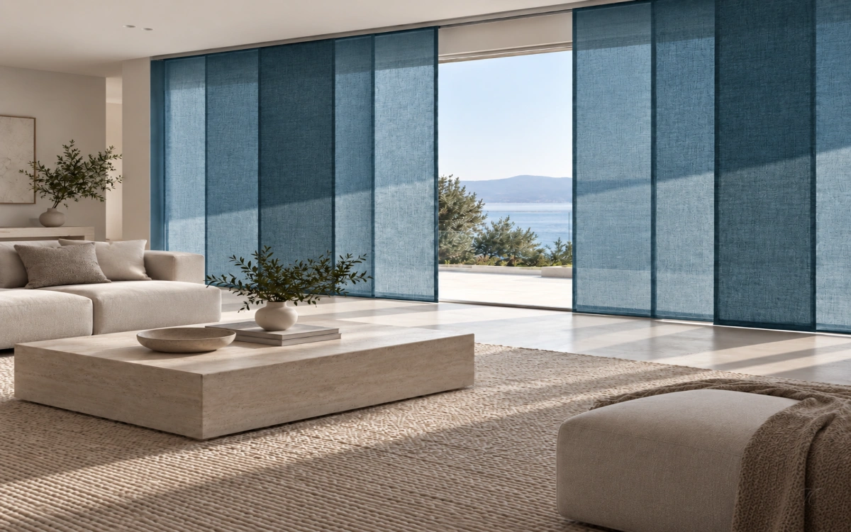 Panel japonés azul petróleo en salón moderno
