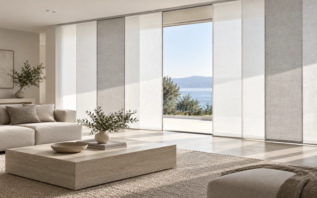 Panel japonés bicolor blanco y gris en salón moderno