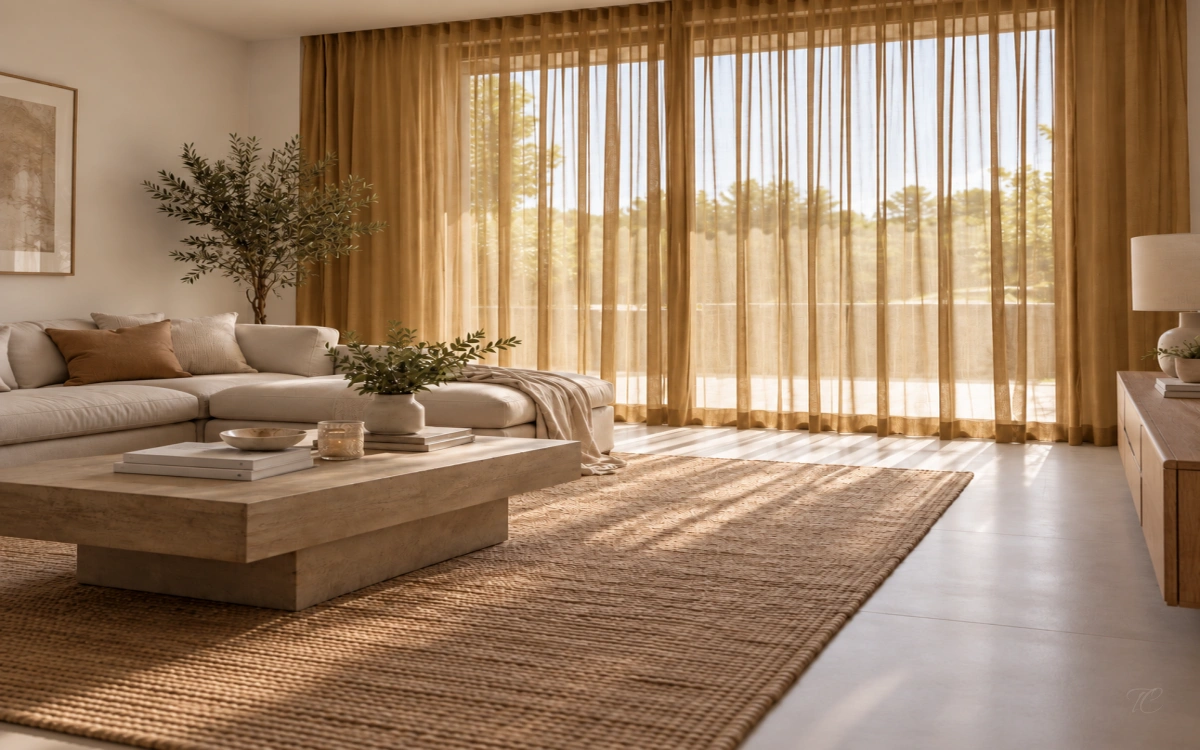 Salón con visillo translúcido de color ocre