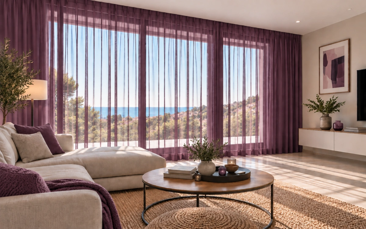 Salón con visillo translúcido de color rosa berengena