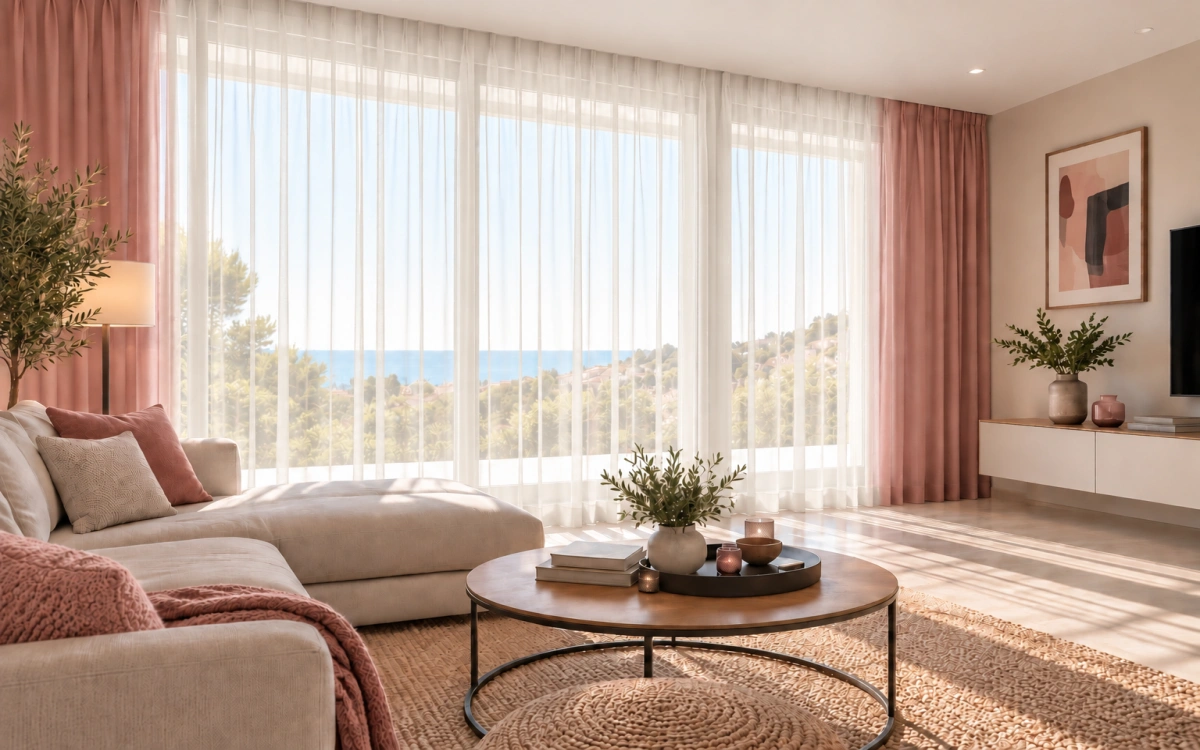Salón con visillo translúcido de color rosa empolvado y blanco